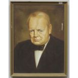 A head and shoulders portrait of Sir Winston Churchill with spotted bow tie, oil on canvas,