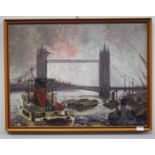 John Munday (1924-2012) 'Pool of London', depicting the 'Ariosto' on the Thames with Tower Bridge in