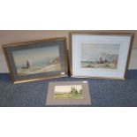 Three assorted watercolour studies, one depicting a figure and fishing boats on a shoreline, with