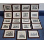 A collection of 19 assorted 19th century monochrome engravings depicting architectural landmarks