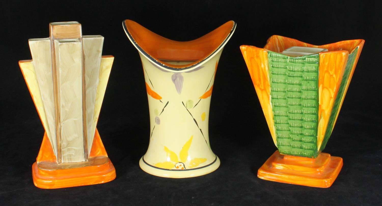 Three assorted Myott. Son & Co Art Deco pottery vases comprising a pyramid vase painted in brown, - Image 2 of 2