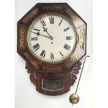 A Victorian rosewood veneered octagonal drop dial clock, pierced brass inlay detail, white face with