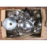 A box of various silver-plated items including champagne bottle coasters, toast rack, Viners