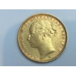 Queen Victoria sovereign, 1885, obv first head, rv George & Dragon, weight 7.9g, mint mark