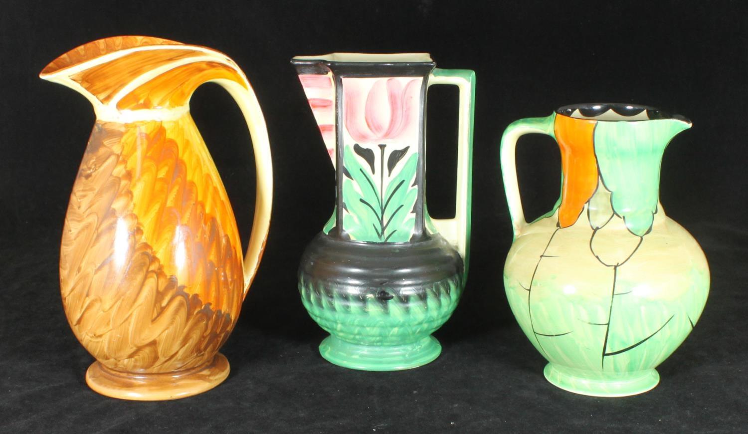 Three Myott. Son & Co Art Deco pottery jugs comprising a chicken neck example painted in brown,