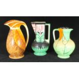 Three Myott. Son & Co Art Deco pottery jugs comprising a chicken neck example painted in brown,