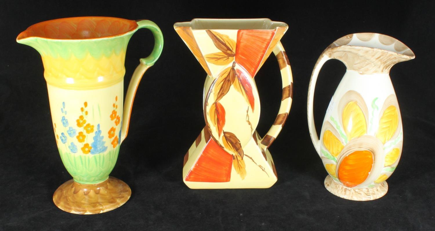 Three assorted Myott. Son & Co Art Deco pottery items comprising 'Trumpet', 'Bow Tie' and 'Chicken