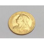 Queen Victoria half sovereign, 1899, obv old veiled bust, rv George & Dragon, condition Fine.