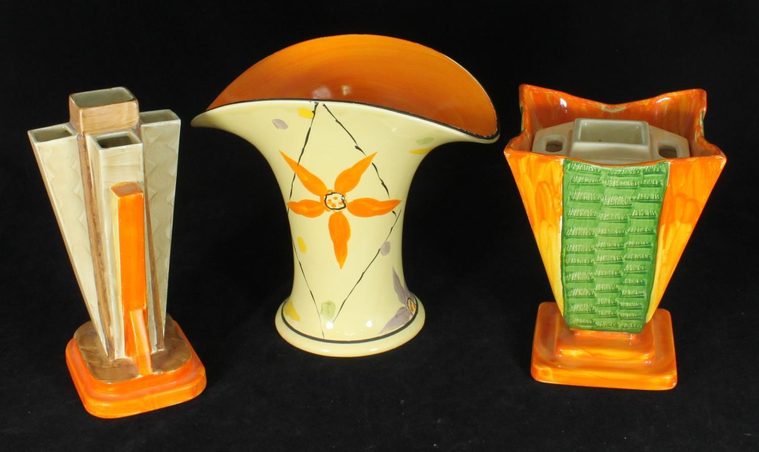 Three assorted Myott. Son & Co Art Deco pottery vases comprising a pyramid vase painted in brown,