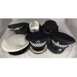 Six various Police caps, five with chrome badges including Policemen's Nottinghamshire, West