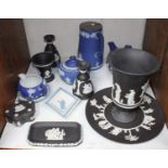 SECTION 23. A quantity of Wedgwood Jasperware in light blue, dark blue and black, including jug with