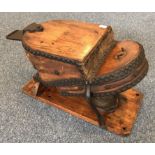 A pair of Siebe Gorman stained elm, leather and iron-mounted air bellows