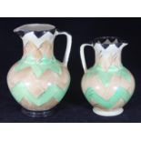 Two graduated Myott. Son & Co Art Deco pottery jugs, each painted with a beige and green 'zig-zag'