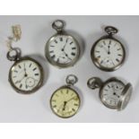 Five assorted pocket watches comprising two open-faced silver examples, one by James Routledge of