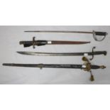A 19th century rifle bayonet, with yataghan blade, metal scabbard and leather hanger, together