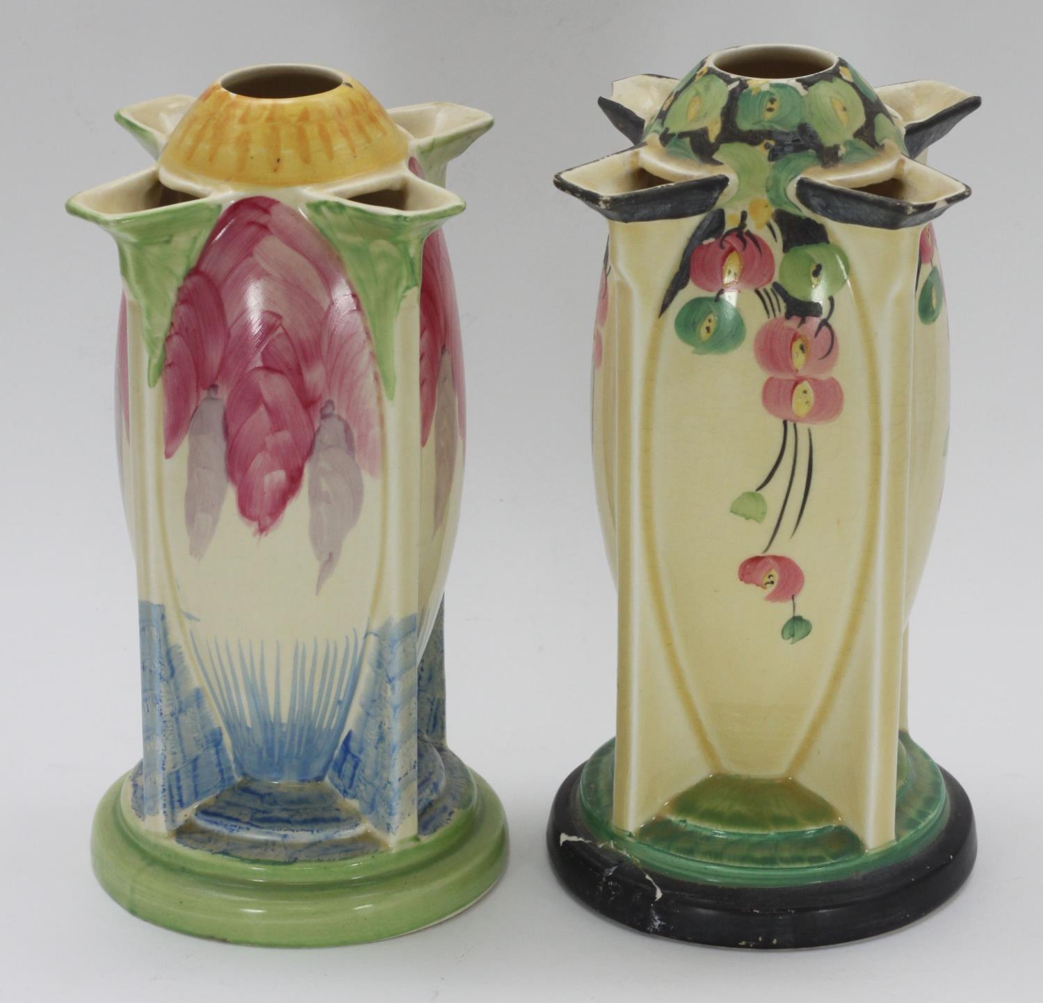 Two Art Deco Myott Son & Co. pottery 'Torpedo' vases, one hand painted with a pink, blue and green - Image 2 of 2