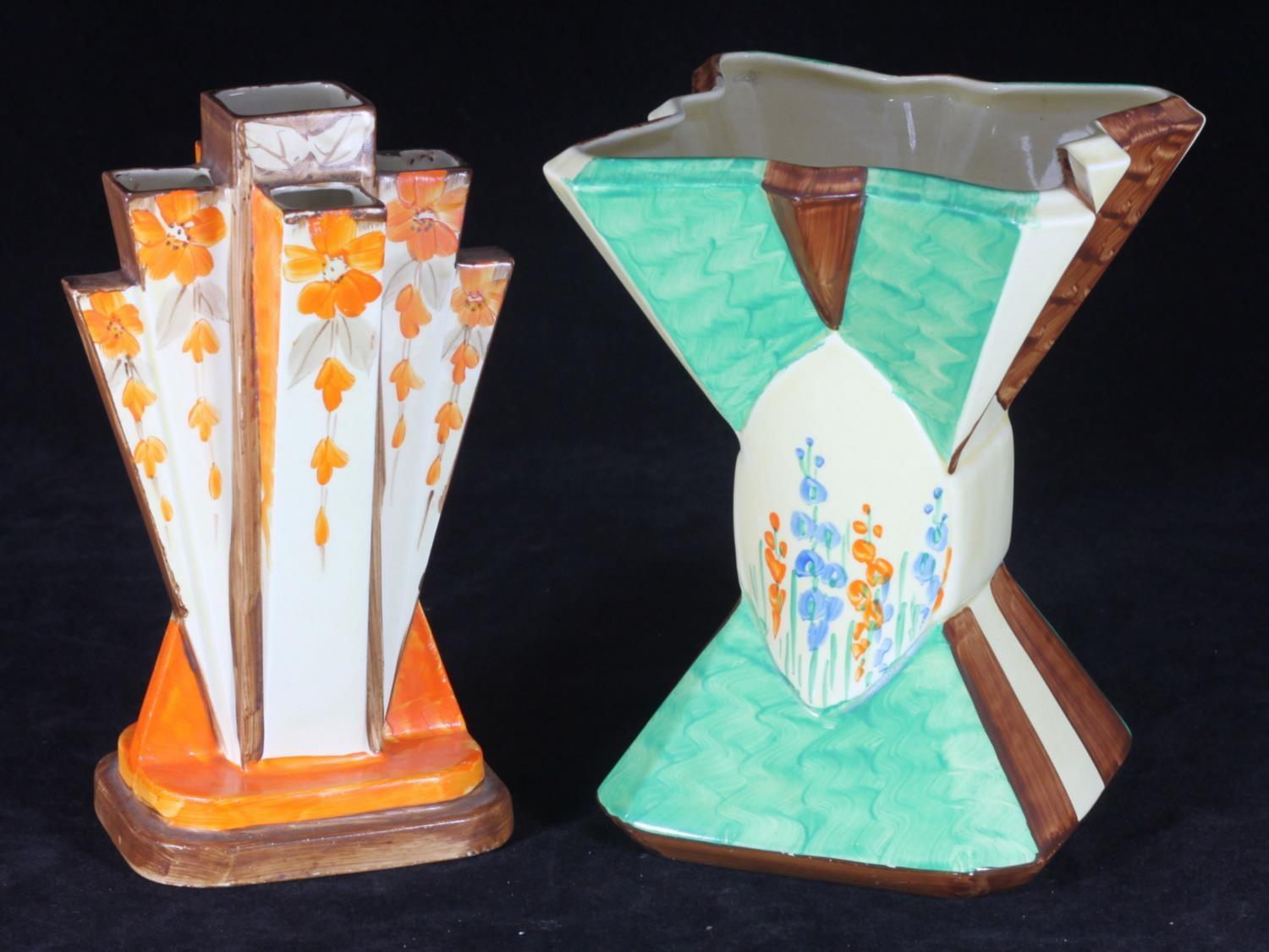 Two Myott. Son & Co Art Deco pottery vases comprising a bow tie example painted in brown, cream