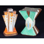 Two Myott. Son & Co Art Deco pottery vases comprising a bow tie example painted in brown, cream
