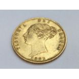 Queen Victoria half sovereign, 1861, obv young head, rv shield, weight 3.99g, condition Good.