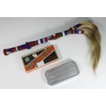 A West-African beadwork fly-whisk, together with a vintage, boxed 'Rolls Razor'