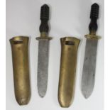 Two Siebe Gorman diver's knives and sheaths, with turned wooden handles (blades pitted)