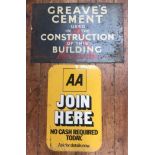 A rectangular enamel advertising sign for 'Greave's Cement' 51 x 76cm, together with an 'AA Join