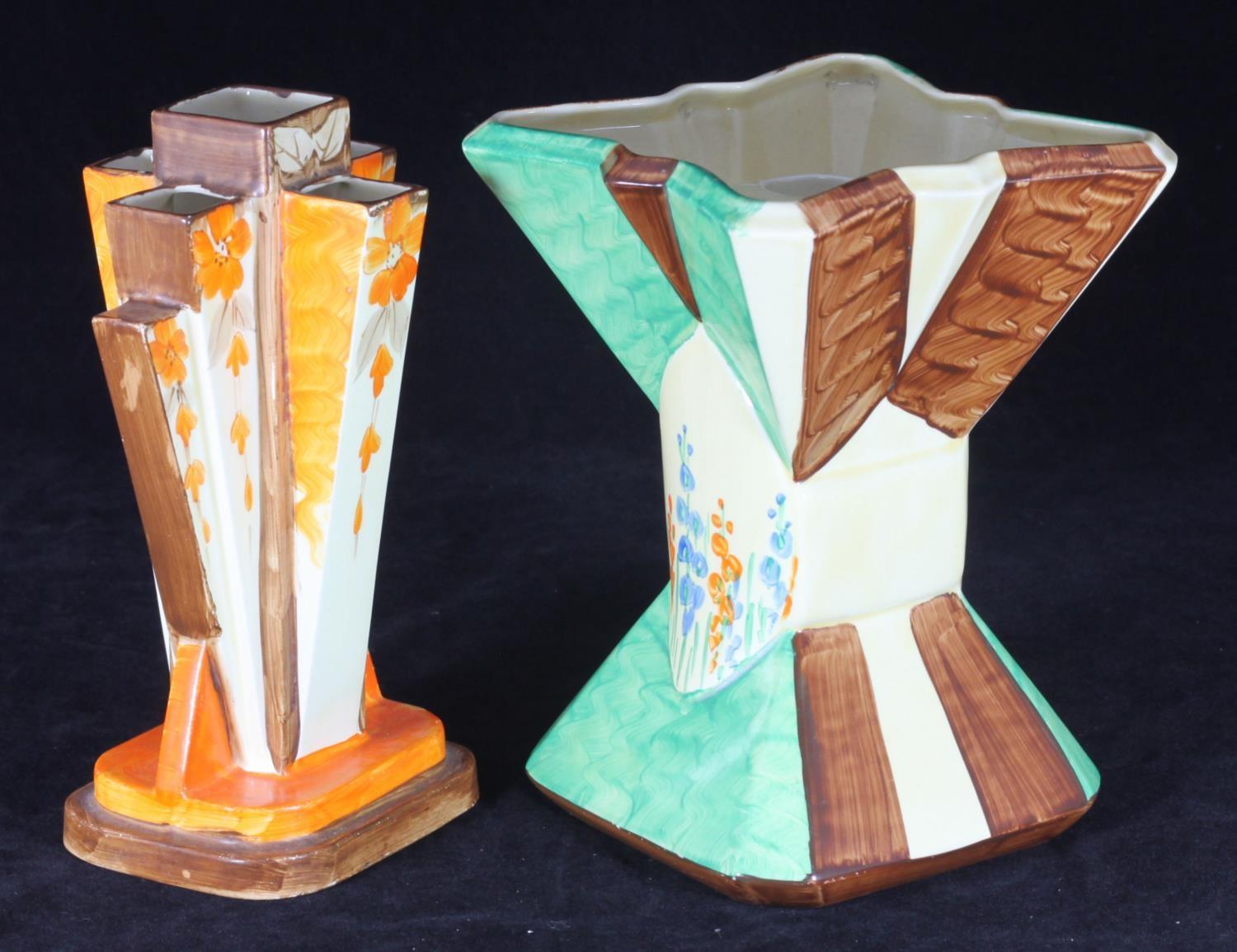 Two Myott. Son & Co Art Deco pottery vases comprising a bow tie example painted in brown, cream - Image 2 of 3