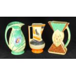 Three assorted Myott. Son & Co Art Deco pottery items comprising a Square Neck '9185', Chicken