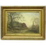 Henry Longley Lander (1836-1903) Country landscape study with thatched roofed buildings and trees,