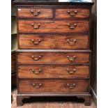 A George III mahogany chest on chest, the top section with two short, over two long graduated