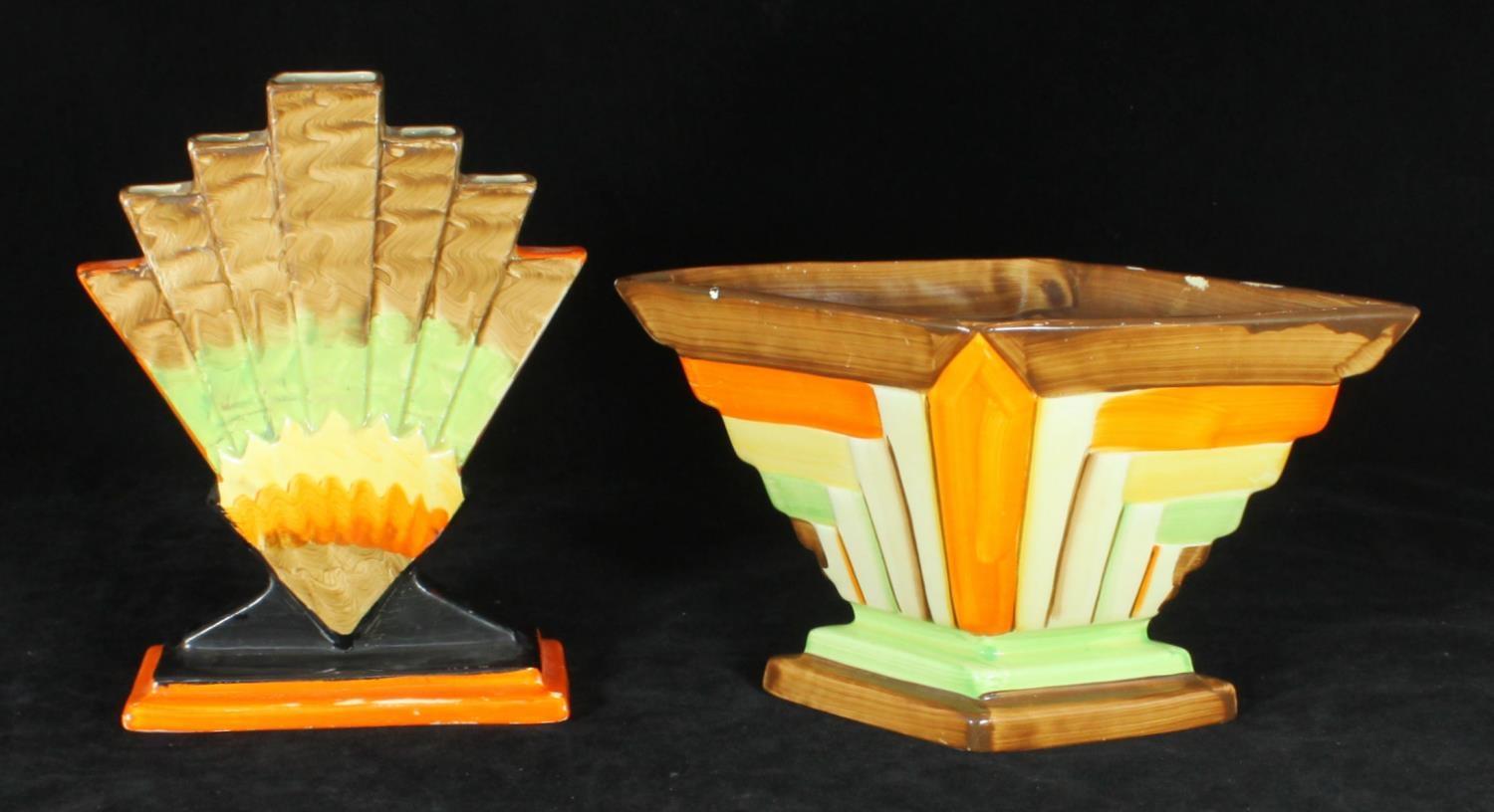 Two assorted Myott. Son & Co Art Deco pottery vases including a diamond example painted in brown,