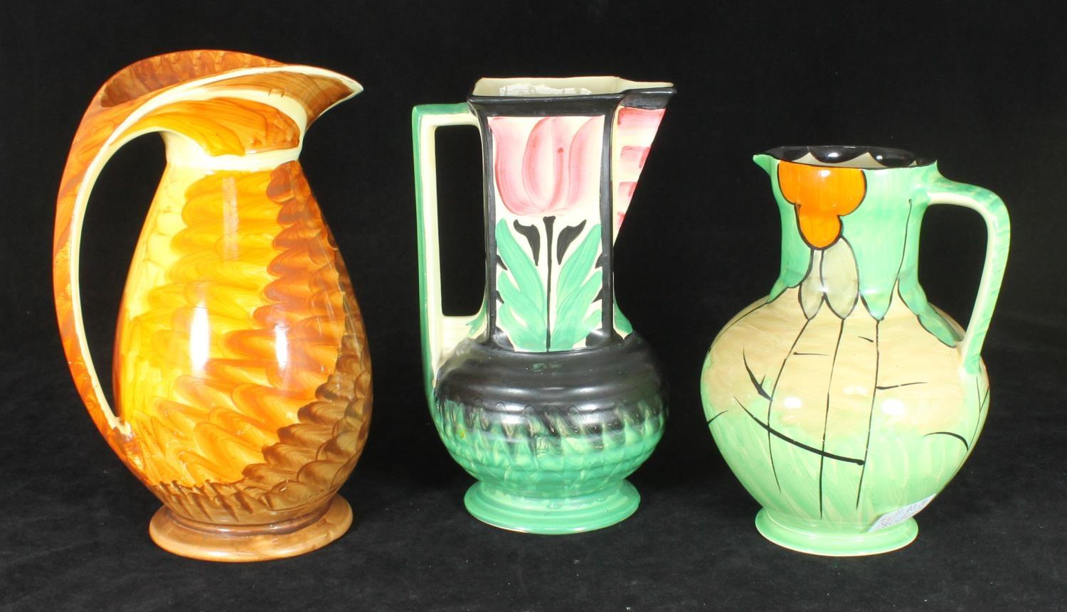 Three Myott. Son & Co Art Deco pottery jugs comprising a chicken neck example painted in brown, - Image 2 of 2