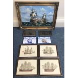 J Harvey, battle scene at sea, oil on canvas, signed lower right, framed, 50 x 75cm, together with a