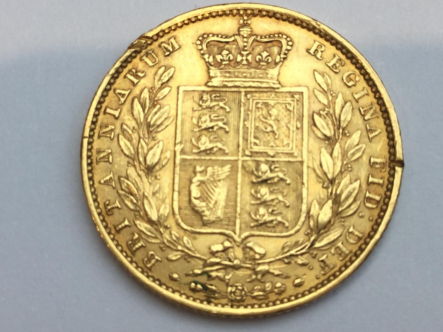Queen Victoria sovereign, 1855, obv young head, rv crowned shield, weight 8.0g, condition Fine. - Image 2 of 2