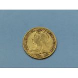 Queen Vic half sov, 1898, obv old head, rv George & Dragon, weight 3.98g, Condition F.