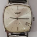 A gents Longines automatic '7676' wristwatch, the squared silver dial with batons denoting hours and