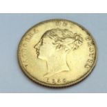 Queen Victoria half sovereign, 1858, obv young head, rv shield, weight 3.93g, condition Good.