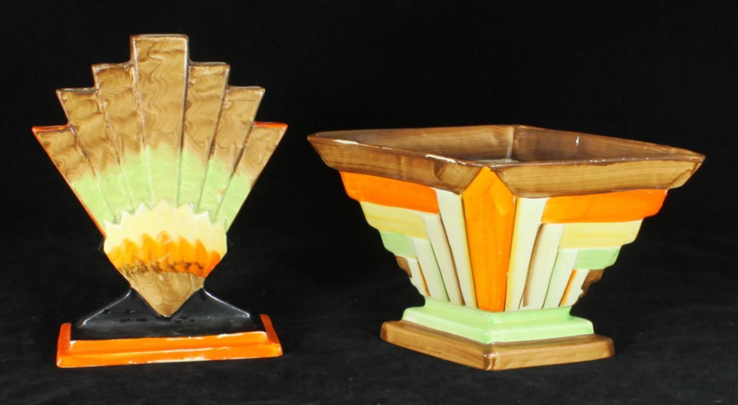 Two assorted Myott. Son & Co Art Deco pottery vases including a diamond example painted in brown, - Image 2 of 2