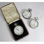 Three assorted silver open-faced pocket watches including a Kays Keyless 'Challenge' watch,