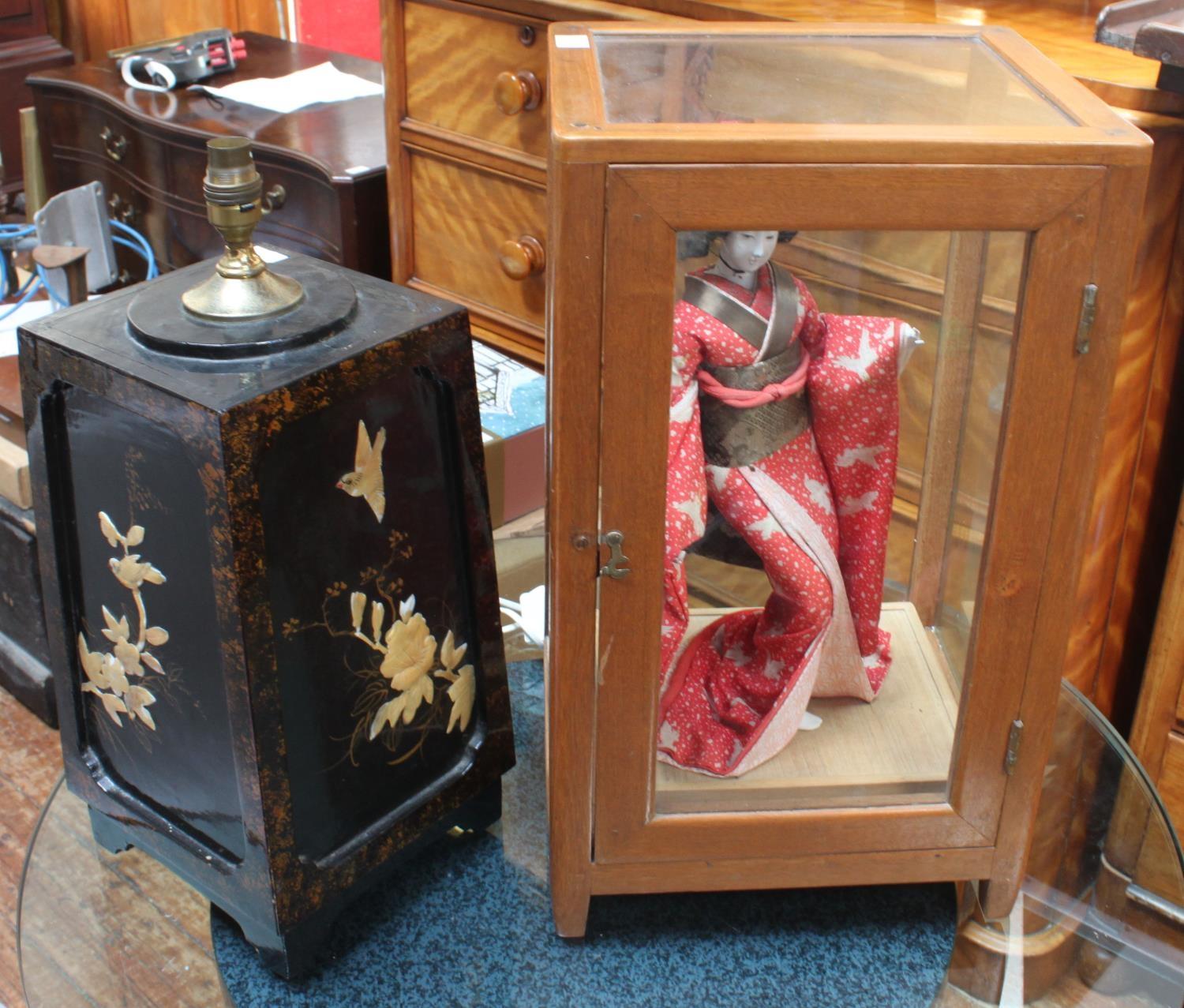 A Japanese Geisha Girl standing doll in separate glazed walnut cabinet, 52cm high, together with a - Image 2 of 2