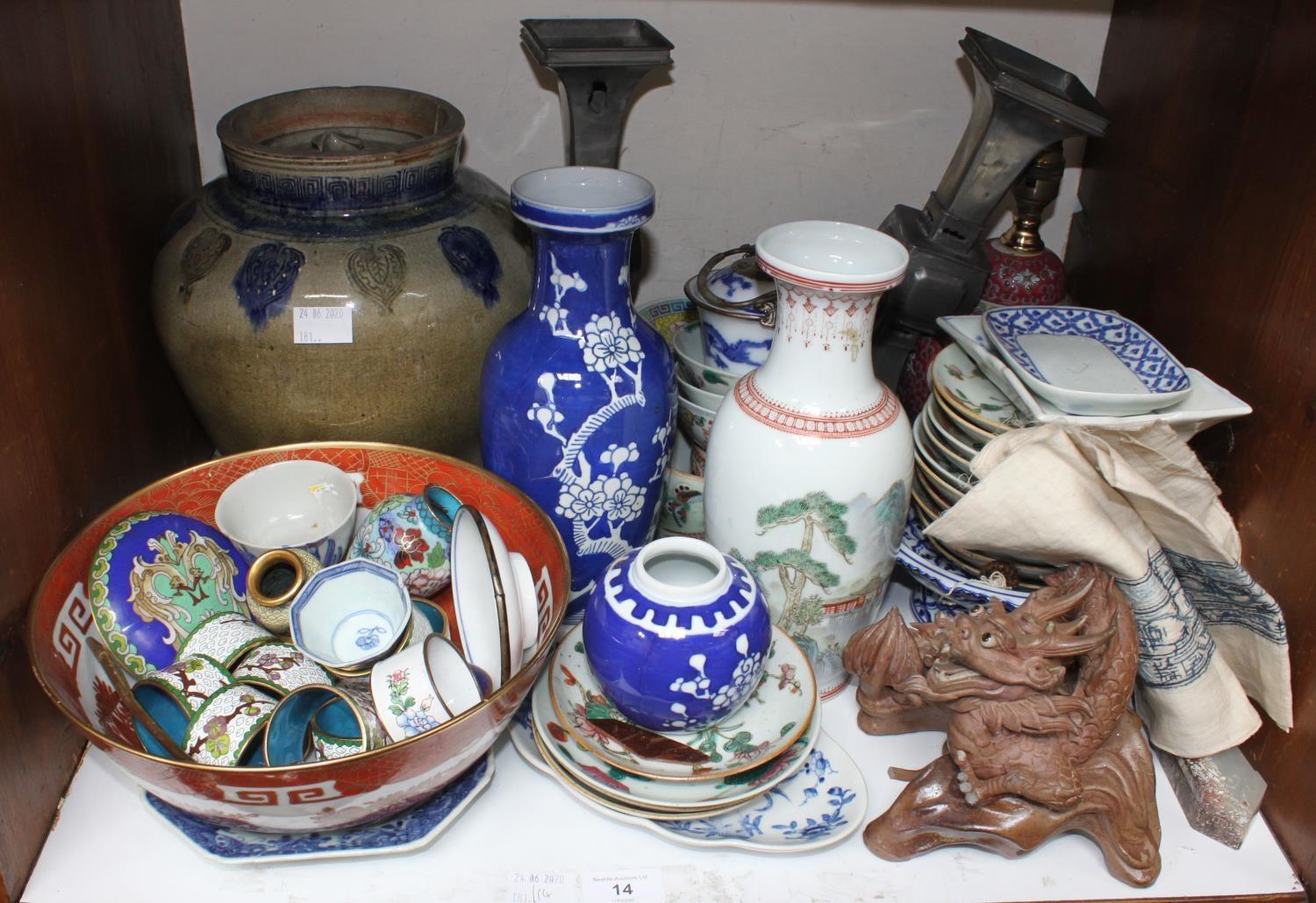 SECTION 14. A collection of assorted Oriental items including a pottery dragon, various vases,