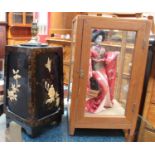A Japanese Geisha Girl standing doll in separate glazed walnut cabinet, 52cm high, together with a