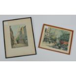 Marcel Julien Baron (1872-1956) French street scene with figures, signed, coloured etching, 17 x