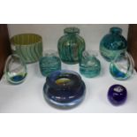 SECTION 30. Nine various coloured glass vases / dishes including Mdina etc.