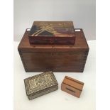 A mahogany work box with dovetail detail, 35cm wide, together with an inlaid micro mosaic box, a