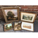Five assorted country landscape studies including an indistinctly signed oil on canvas depicting