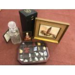 A collection of Chinese snuff bottles in a display case, together with a boxed Edinburgh crystal