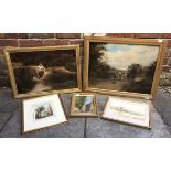 Two country landscape studies, one depicting a man with horse and cart, indistinctly signed, oil