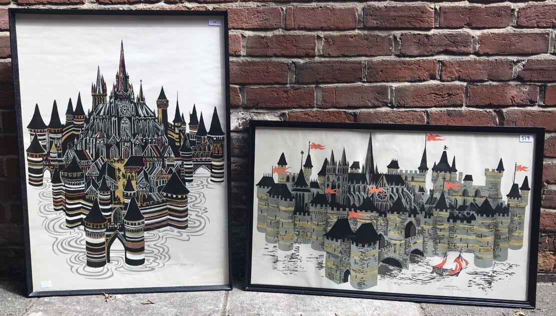 G Gillick (20th century) 'Walled Town' and 'Gothic City', signed and dated prints, printed by Athena