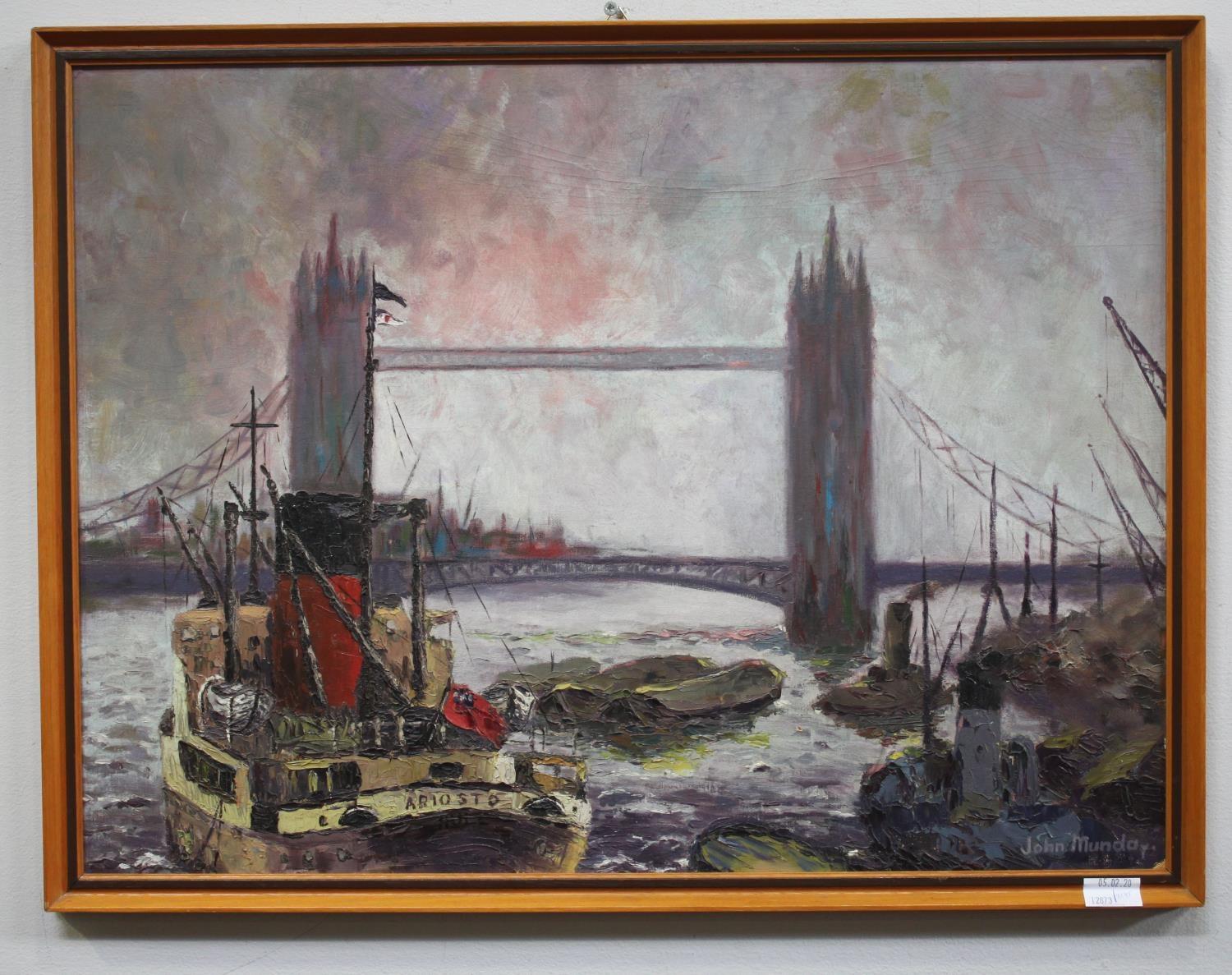 John Munday (1924-2012) 'Pool of London', depicting the 'Ariosto' on the Thames with Tower Bridge in